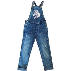 Girls Denim Distressed Overalls With Sequin Unicorn NWT